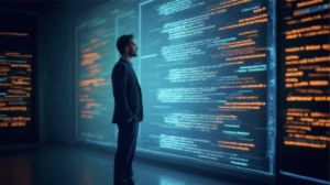 Ilustración de un hombre contemplando una pantalla que hace alución a los cambios generados por las búsquedas con inteligencia articial