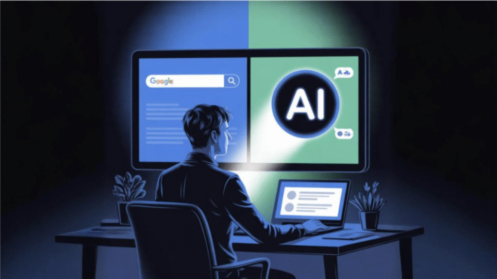Ilustración de una persona observando una pantalla en donde compara la búsqueda tradicional en internet con la búsqueda con inteligencia artificial