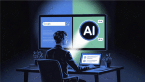 Ilustración de una persona observando una pantalla en donde compara la búsqueda tradicional en internet con la búsqueda con inteligencia artificial